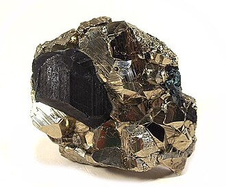Bornite specimen: copper red to brownish bronze (fresh) and iridescent purple-blue tarnish (peacock ore) mineral