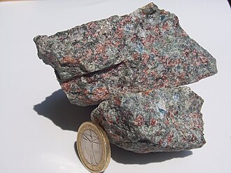 Eclogite specimen: green (omphacite) and red (garnet) metamorphic rock