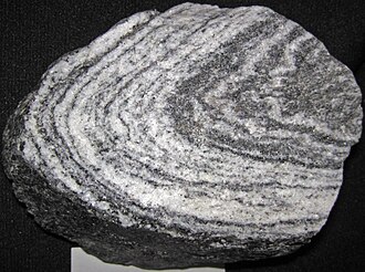 Gneiss specimen: gray and pink metamorphic rock