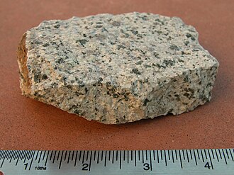 Monzonite specimen: gray and pink igneous rock